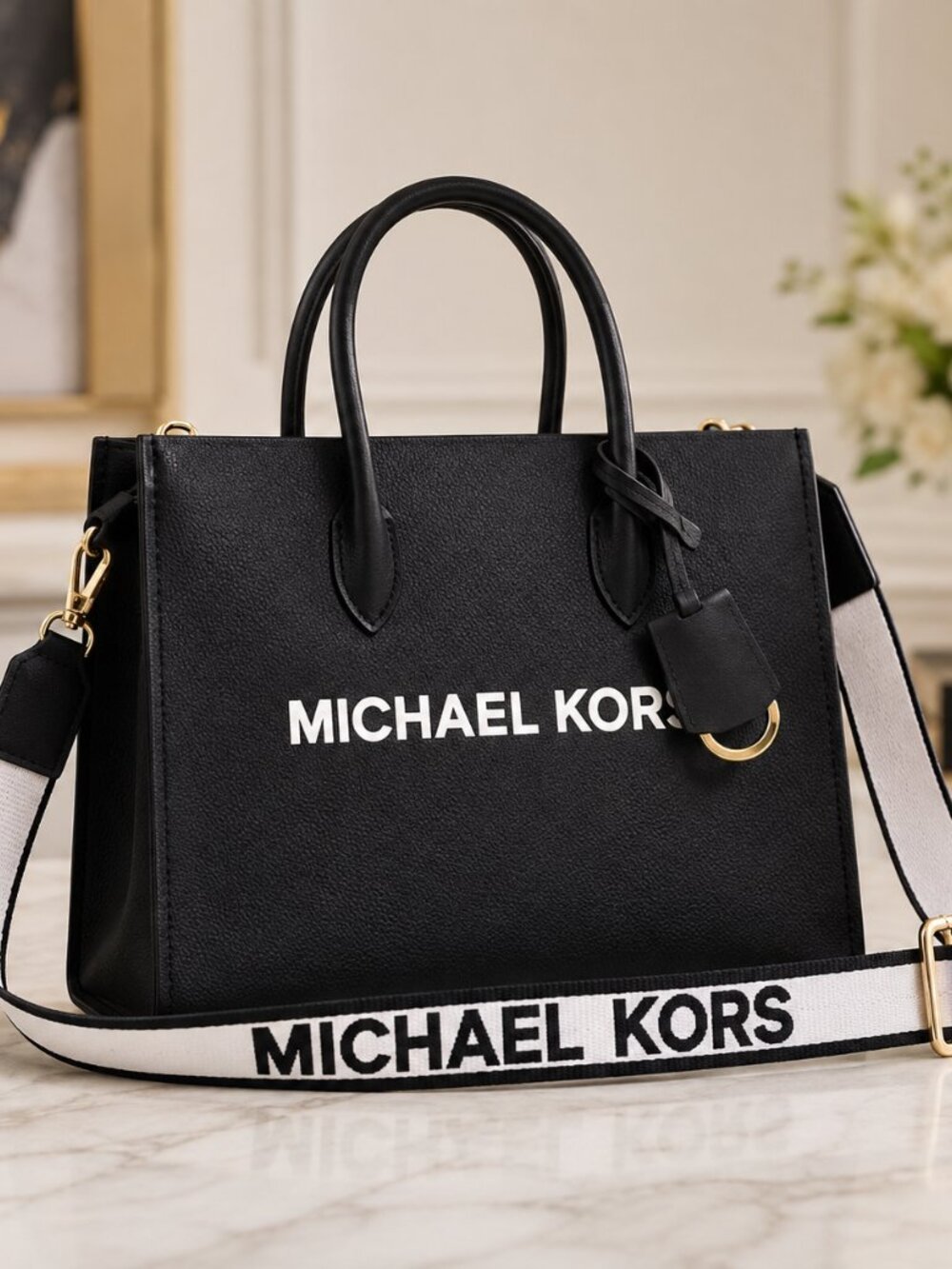Michael Kors Morelia Black Pebbled Leather Tote Logo Strap NWT